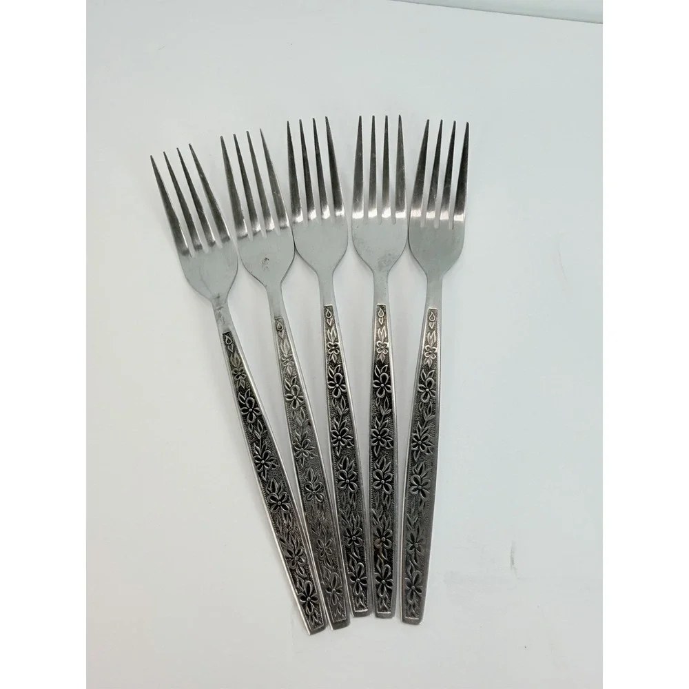 Stanley Roberts La Spana Stainless Embossed Flowers Lot of 5 Dinner Forks